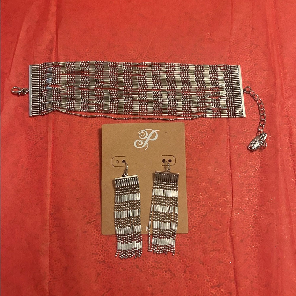 Silver-Tone Beaded bracelet & Fringe Earrings Set